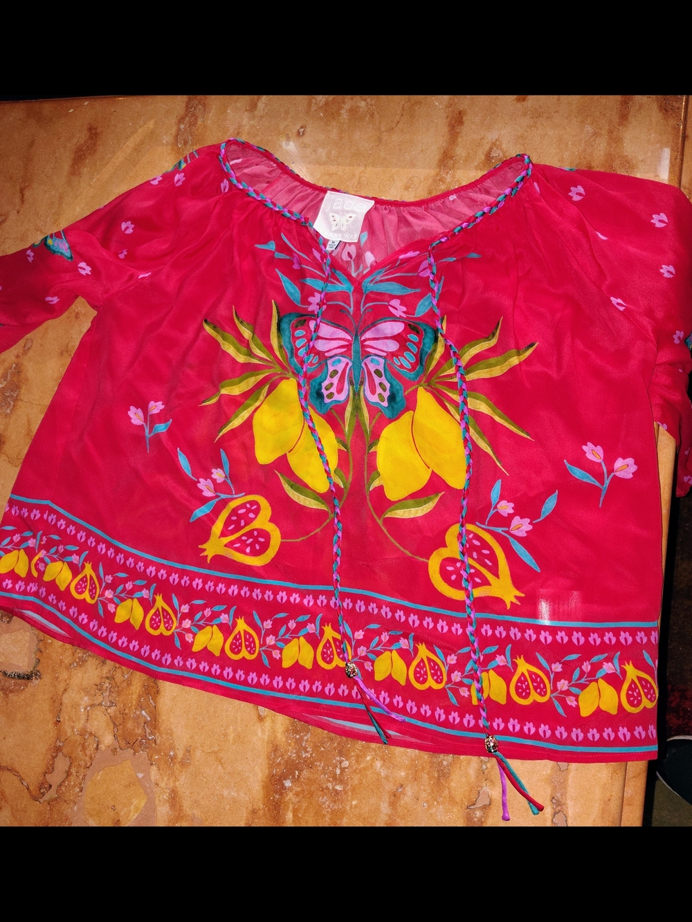 Johnny Was Red Floral Butterfly Peasant Blouse with Yellow Accents - Picture 3 of 6